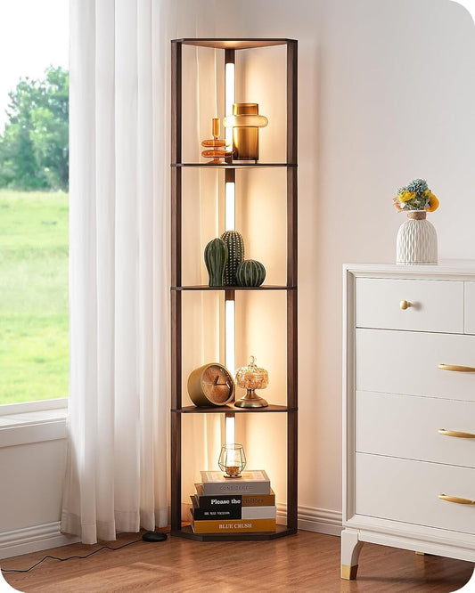 EDISHINE LED Floor Lamps with Shelves 4 Layers Wood Dimmable Standing Lamp 360°