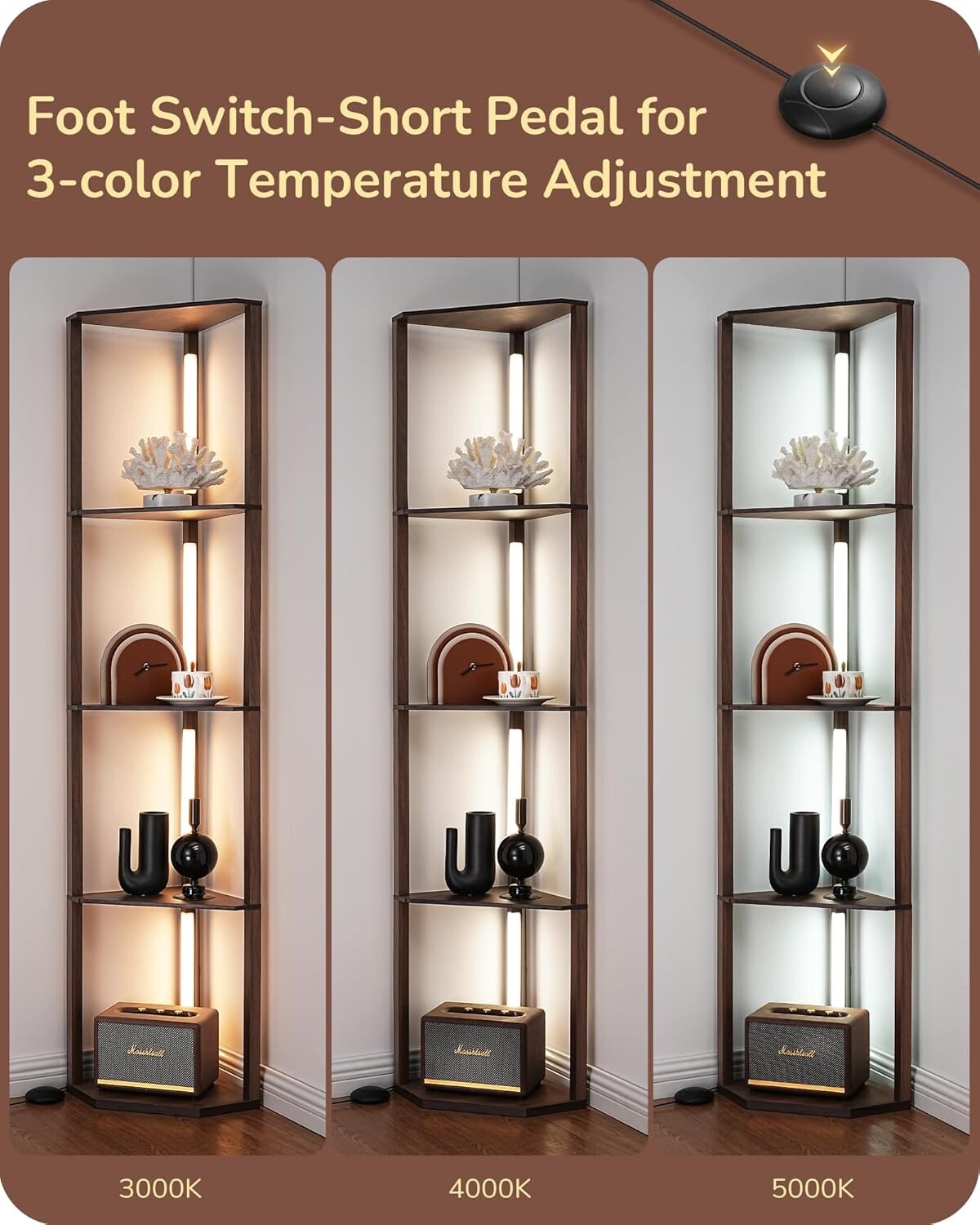EDISHINE LED Floor Lamps with Shelves 4 Layers Wood Dimmable Standing Lamp 360°