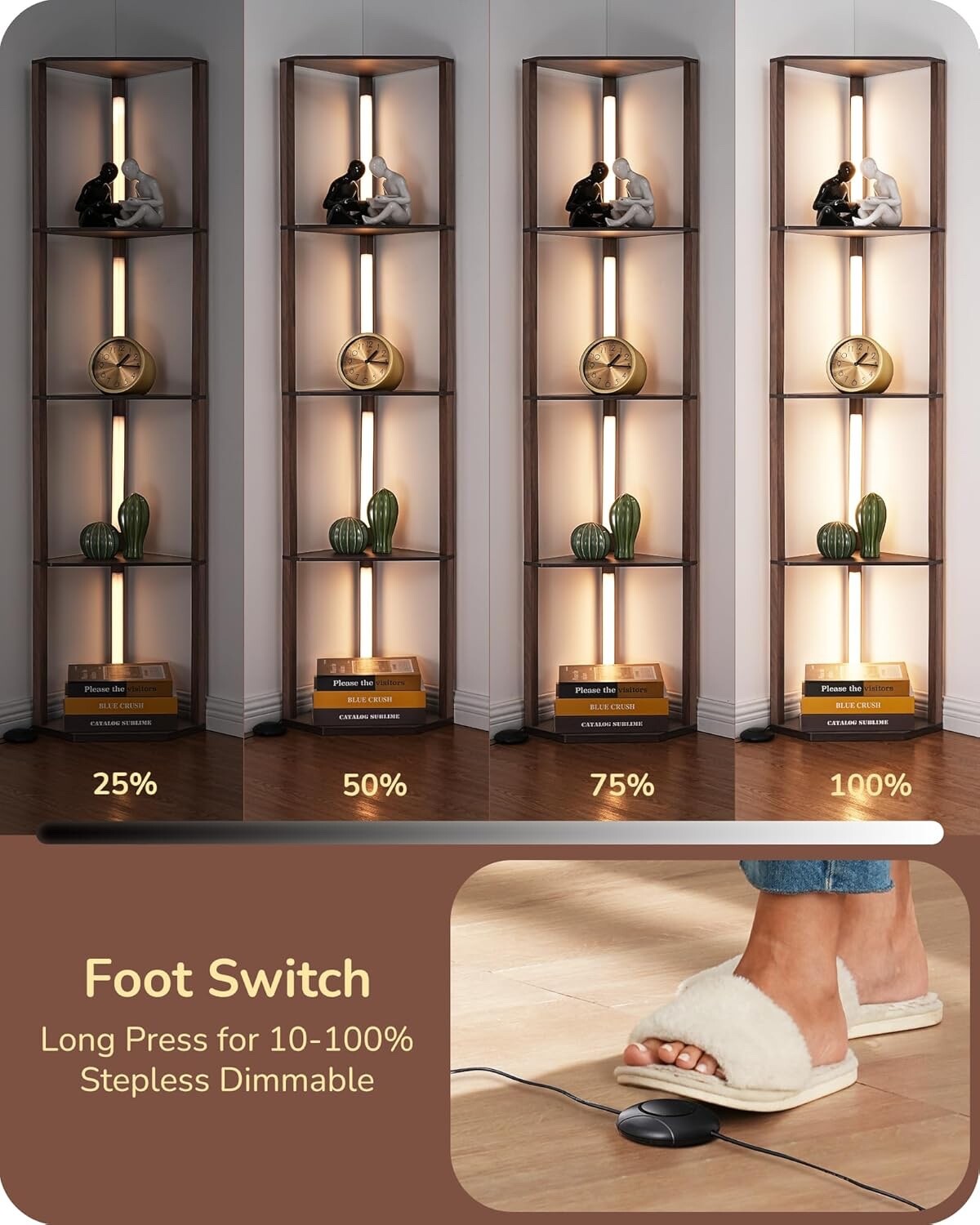EDISHINE LED Floor Lamps with Shelves 4 Layers Wood Dimmable Standing Lamp 360°