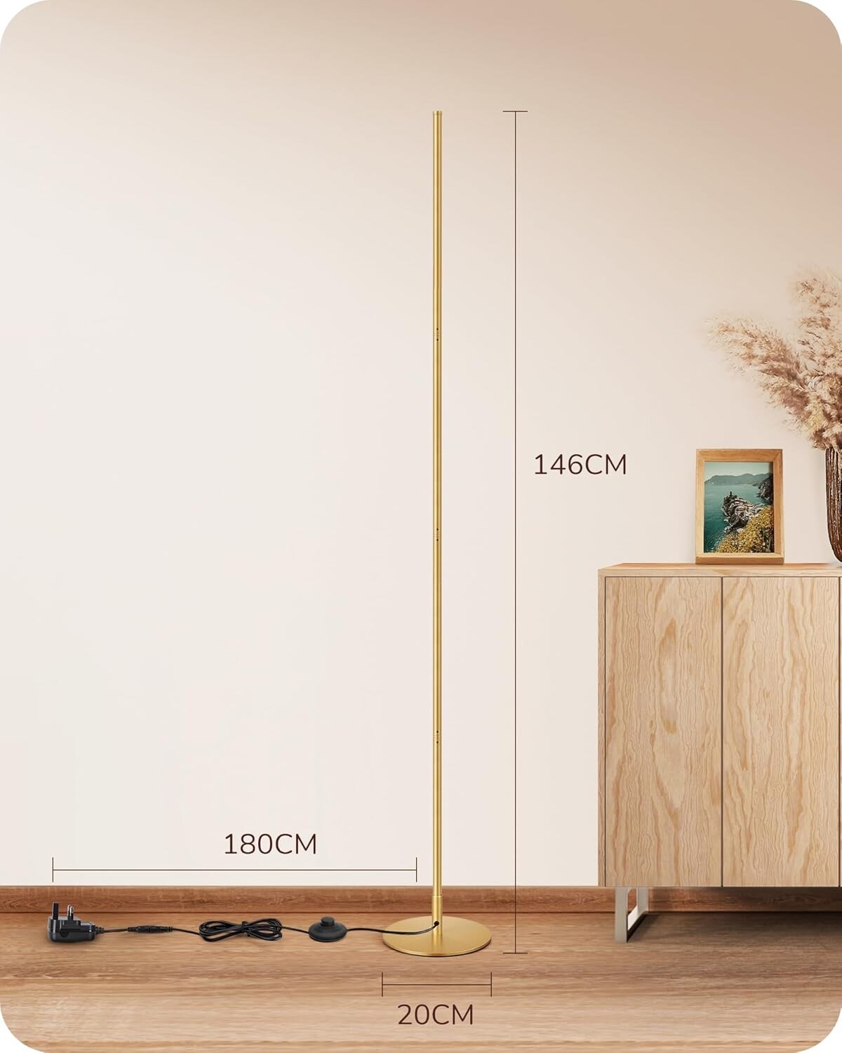 EDISHINE LED Floor Lamp 146cm Minimalist Dimmable Standing Lamp Gold