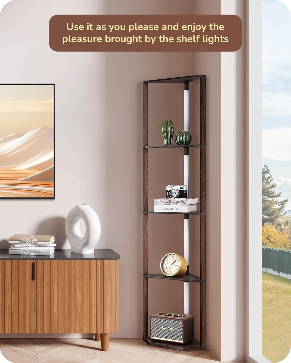 EDISHINE LED Floor Lamps with Shelves 4 Layers Wood Dimmable Standing Lamp 360°