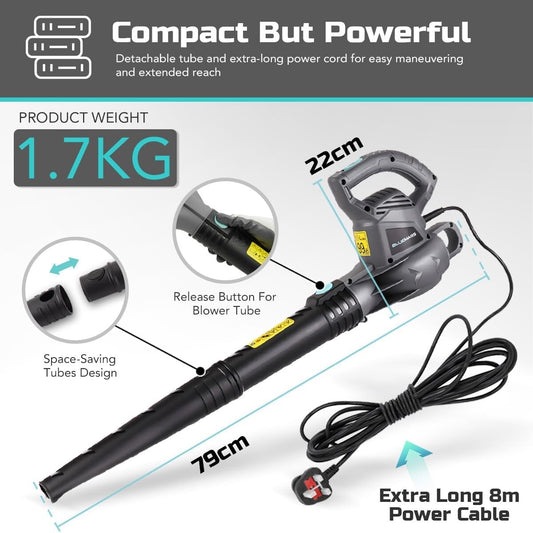 Leaf Blower Set by Bluemars - Powerful 3000W 8m Corded Garden Blower