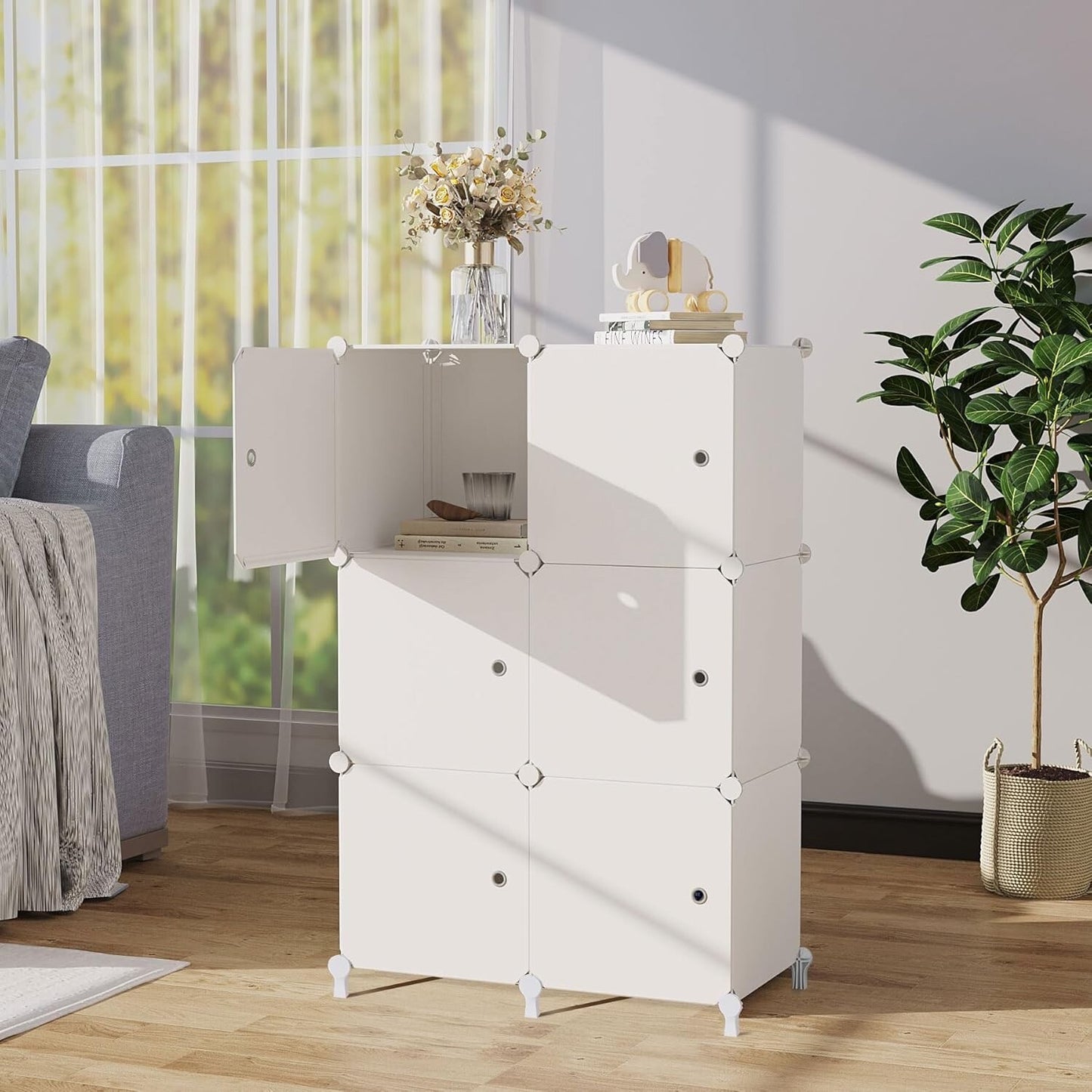 AWTATOS Storage Cube Organizer with Doors DIY Plastic 6 Cube Shelf White
