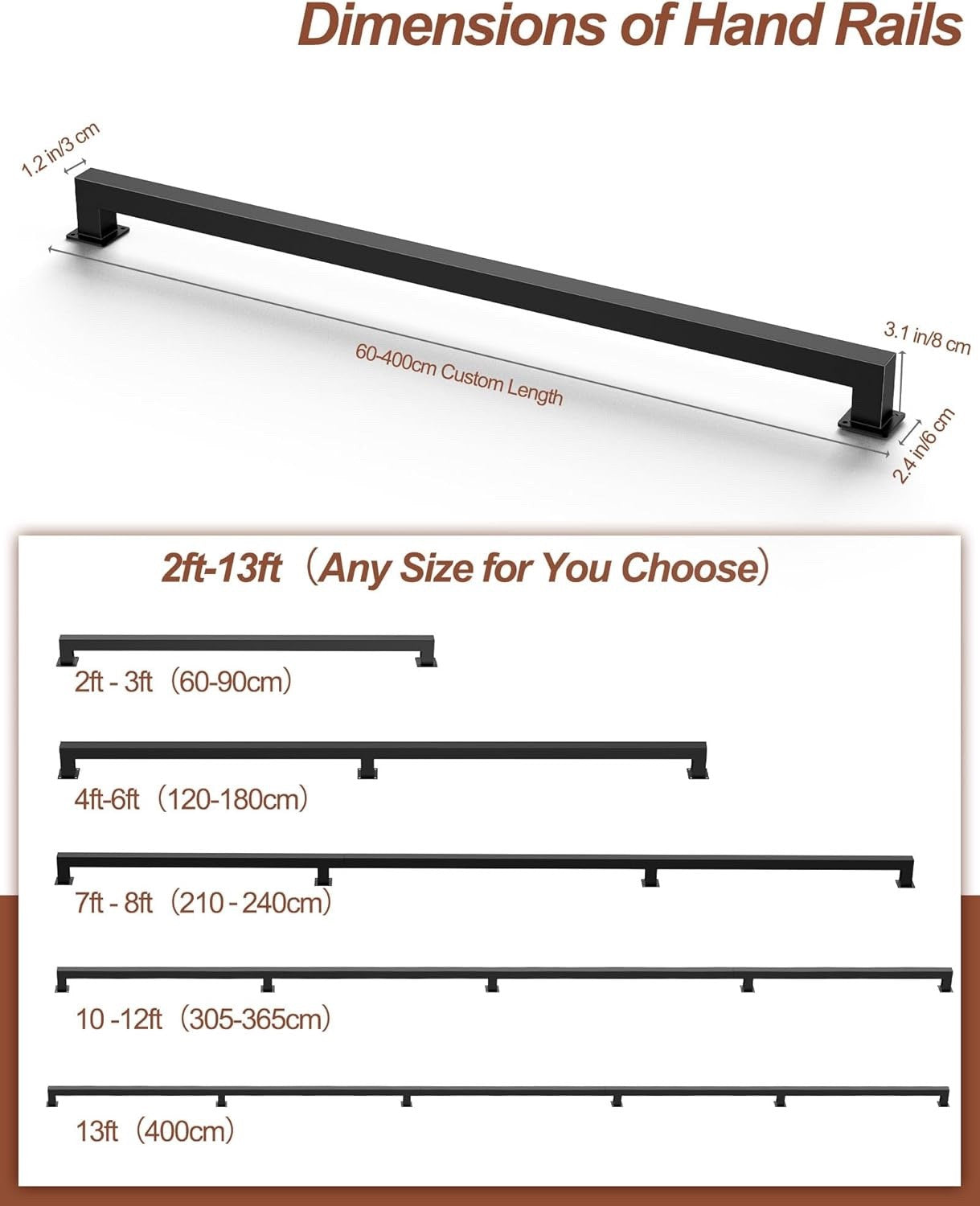 Wall Mounted Stair Handrail Carbon Steel Non Slip Indoor Outdoor Black