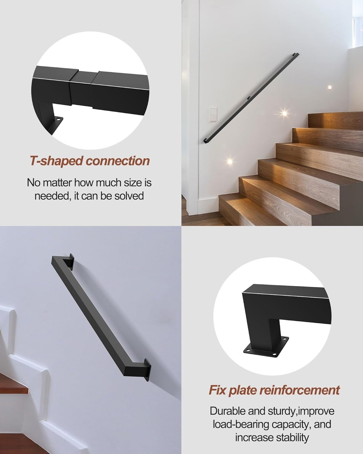 Wall Mounted Stair Handrail Carbon Steel Non Slip Indoor Outdoor Black