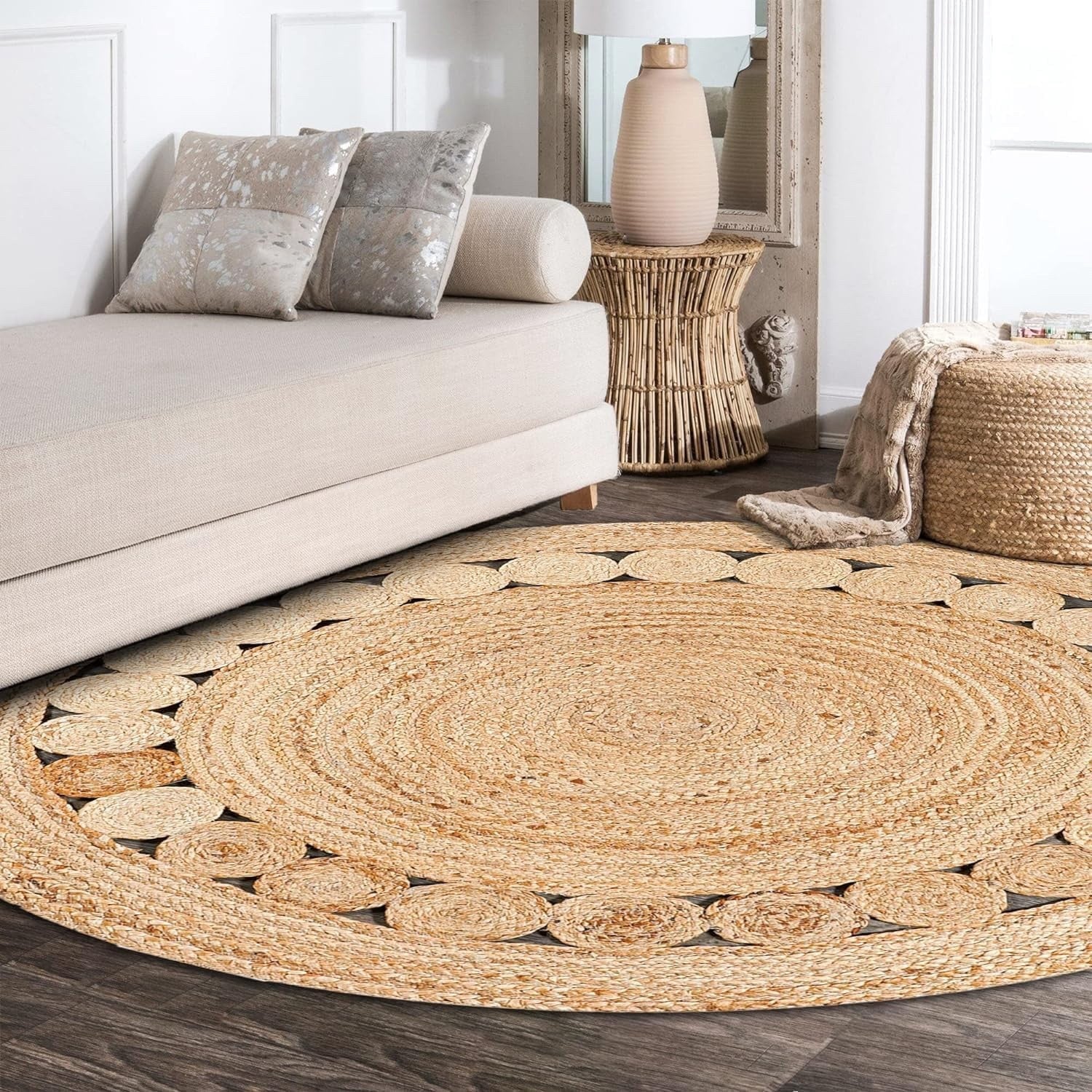 Round Jute Rug 90x90cm Hand Woven Natural Braided Boho Floor Home Decor