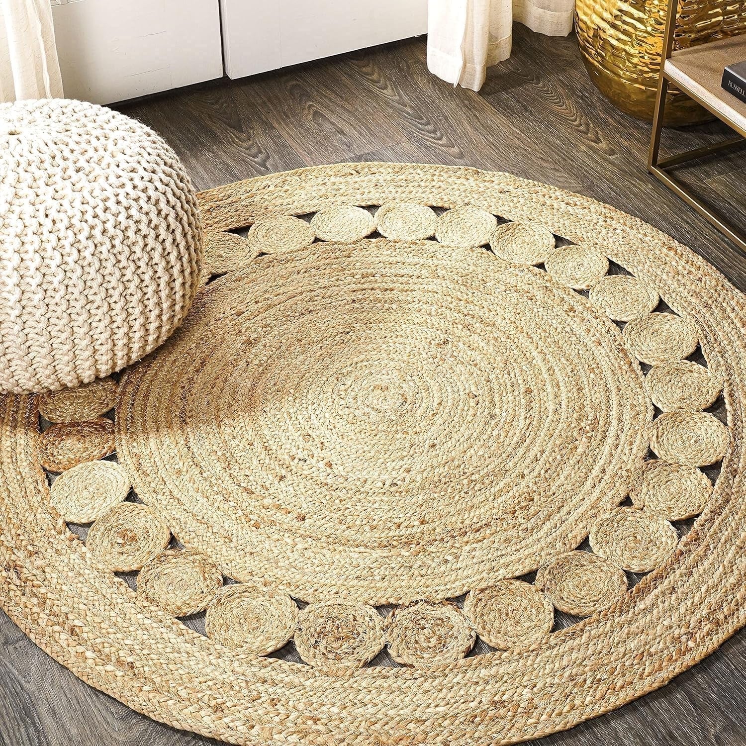 Round Jute Rug 90x90cm Hand Woven Natural Braided Boho Floor Home Decor