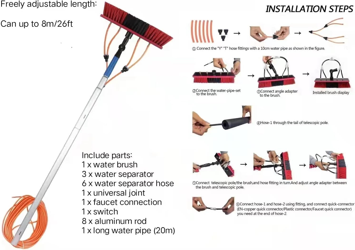 8M Water Fed Telescopic Window Cleaning Pole 55cm Brush Solar Panel PV Tool