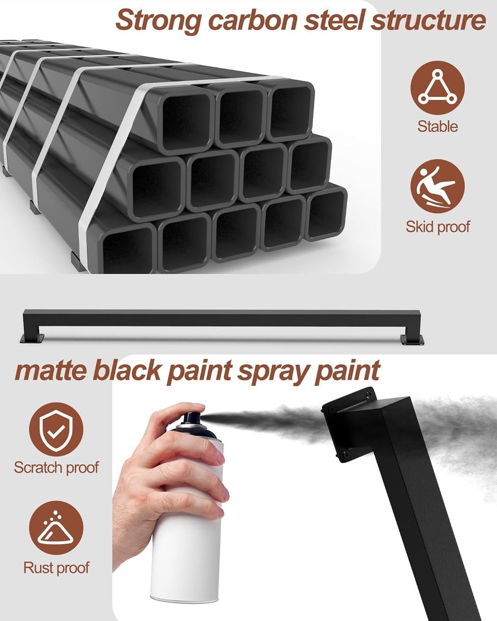 Wall Mounted Stair Handrail Carbon Steel Black Indoor Outdoor Safety Rail