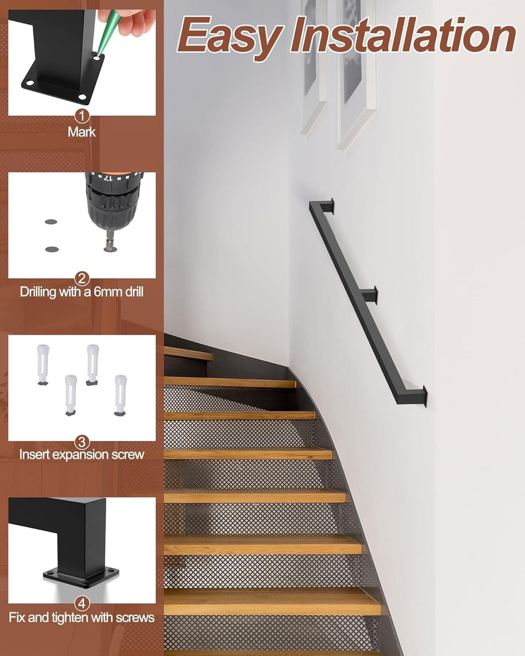 Wall Mounted Stair Handrail Carbon Steel Black Indoor Outdoor Safety Rail