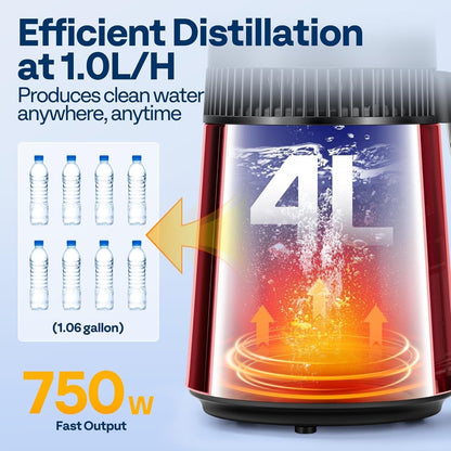 4L 1.06Gal Water Distiller 750W Countertop Purifier Smart Switch Home