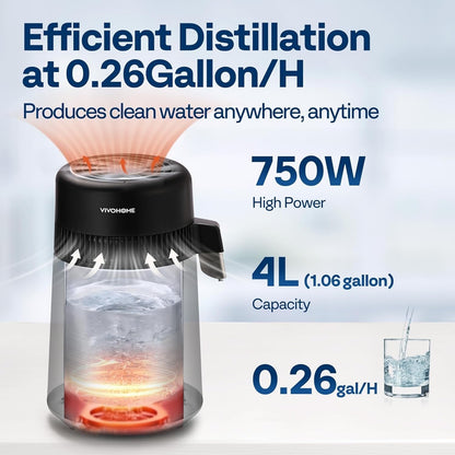 4L 1.06Gal Water Distiller 750W Countertop Purifier Smart Switch Home