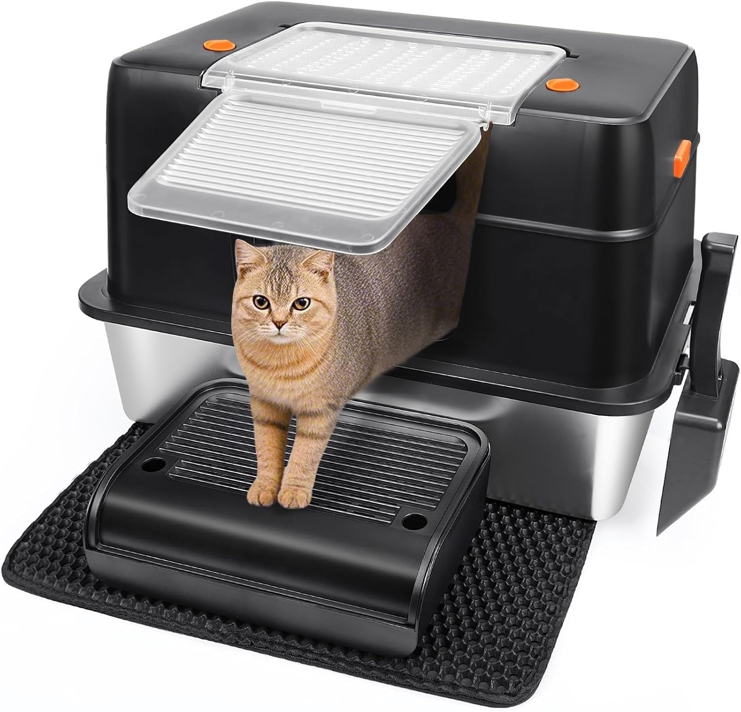 XXL Stainless Steel Cat Litter Tray High Sided Enclosed Box Lid Scoop Mat Steps