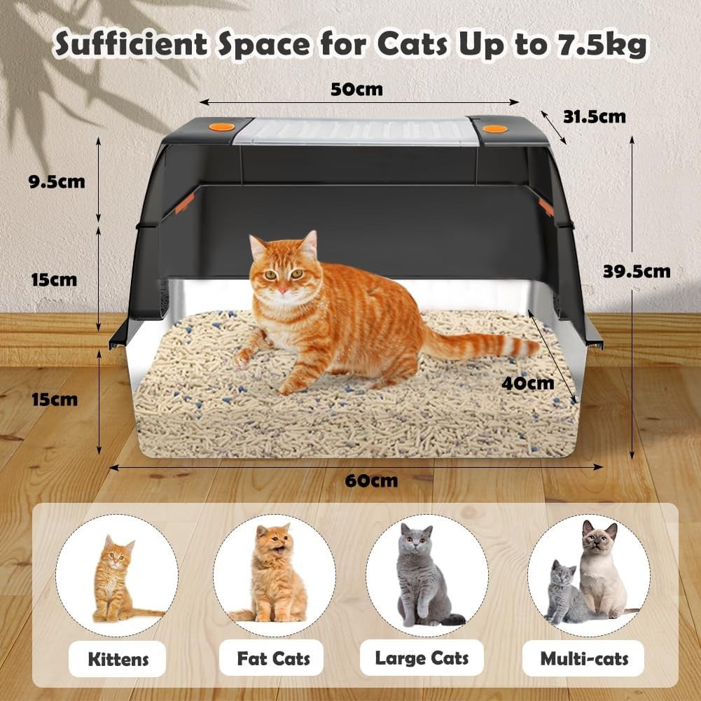 XXL Stainless Steel Cat Litter Tray High Sided Enclosed Box Lid Scoop Mat Steps