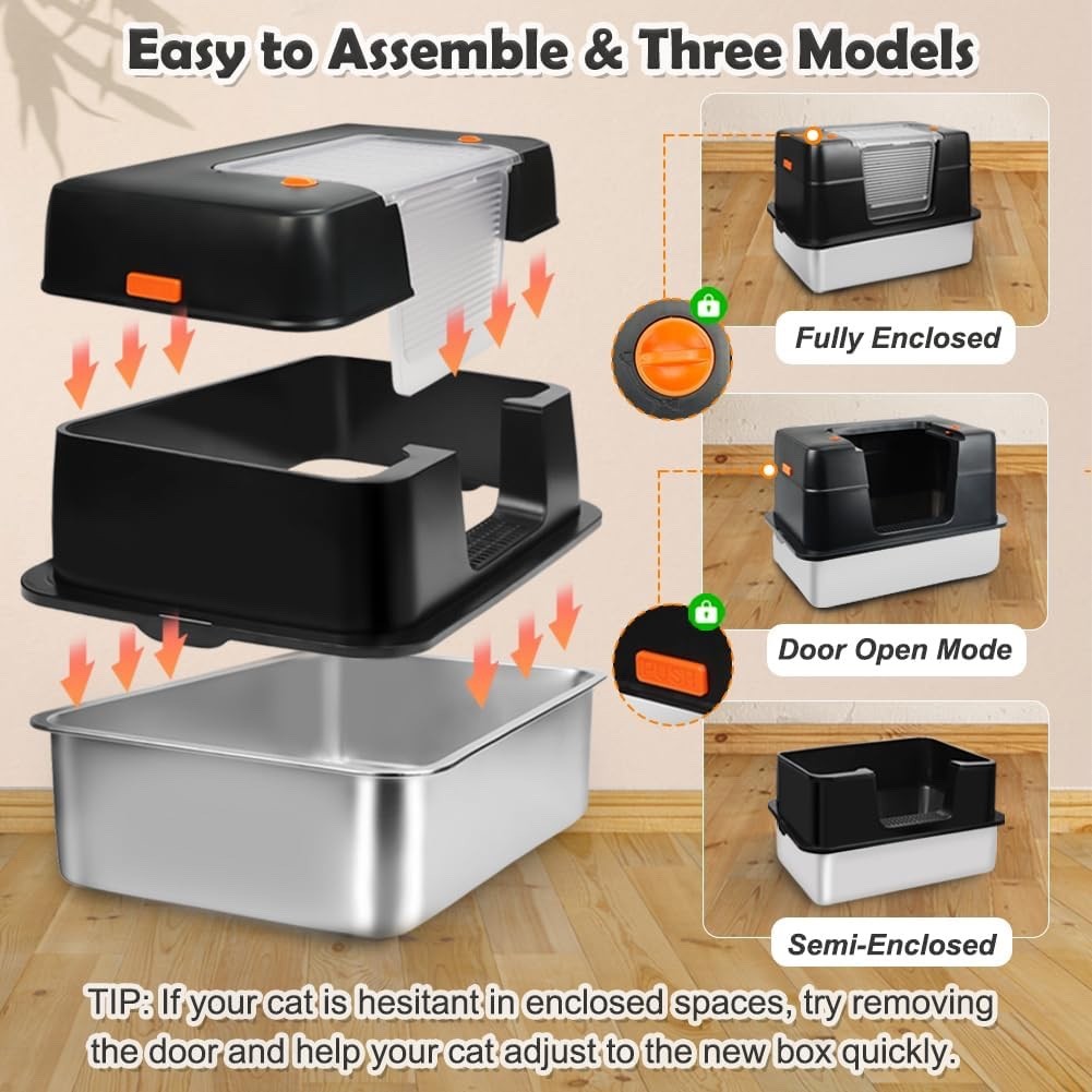 XXL Stainless Steel Cat Litter Tray High Sided Enclosed Box Lid Scoop Mat Steps