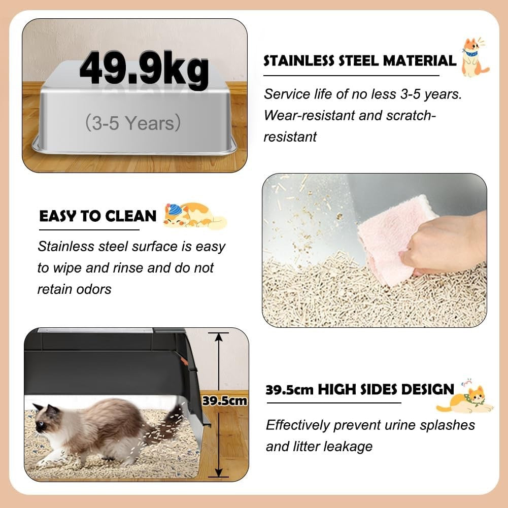 XXL Stainless Steel Cat Litter Tray High Sided Enclosed Box Lid Scoop Mat Steps