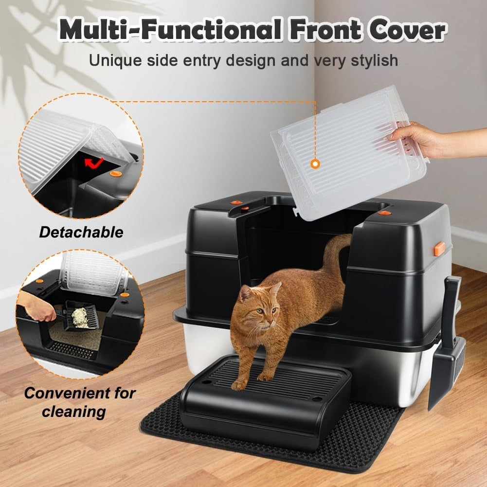 XXL Stainless Steel Cat Litter Tray High Sided Enclosed Box Lid Scoop Mat Steps