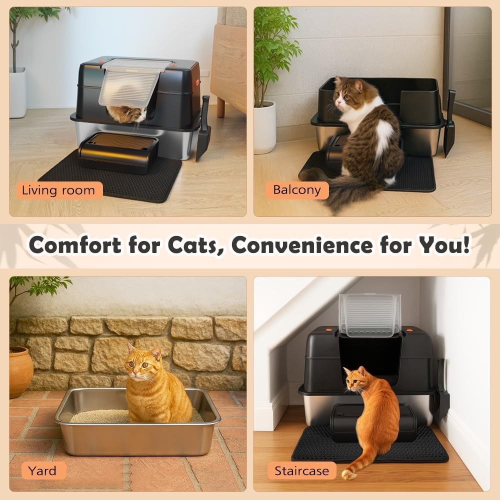 XXL Stainless Steel Cat Litter Tray High Sided Enclosed Box Lid Scoop Mat Steps