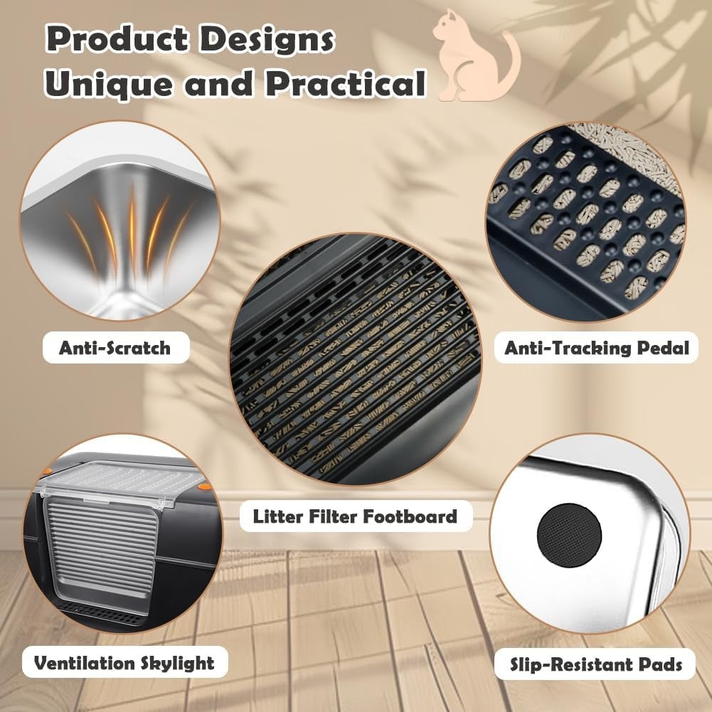 XXL Stainless Steel Cat Litter Tray High Sided Enclosed Box Lid Scoop Mat Steps