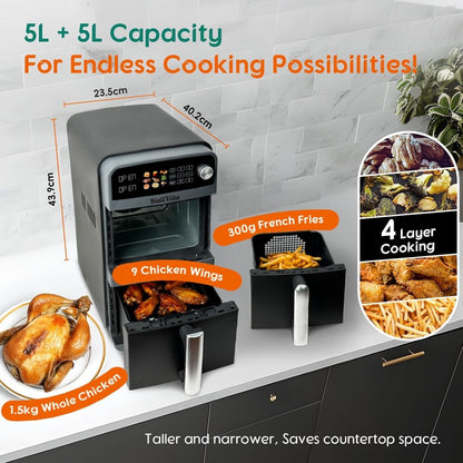 10L Dual Basket Air Fryer 2400W Double Drawer 9 in 1 Sync Match Family Size
