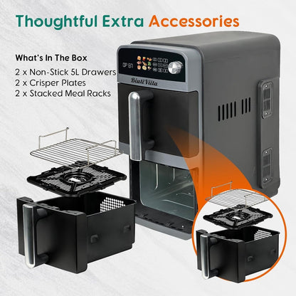 10L Dual Basket Air Fryer 2400W Double Drawer 9 in 1 Sync Match Family Size