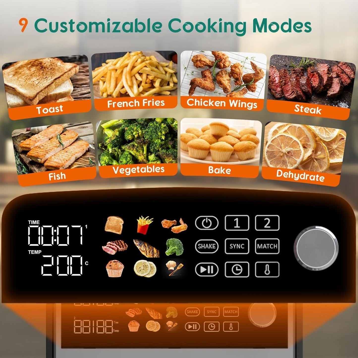 10L Dual Basket Air Fryer 2400W Double Drawer 9 in 1 Sync Match Family Size