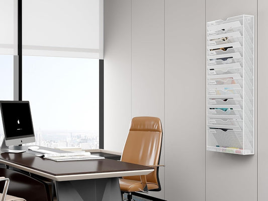Metal Wall File Organizer 13 Tier A4 Hanging Document Holder Rack Office White