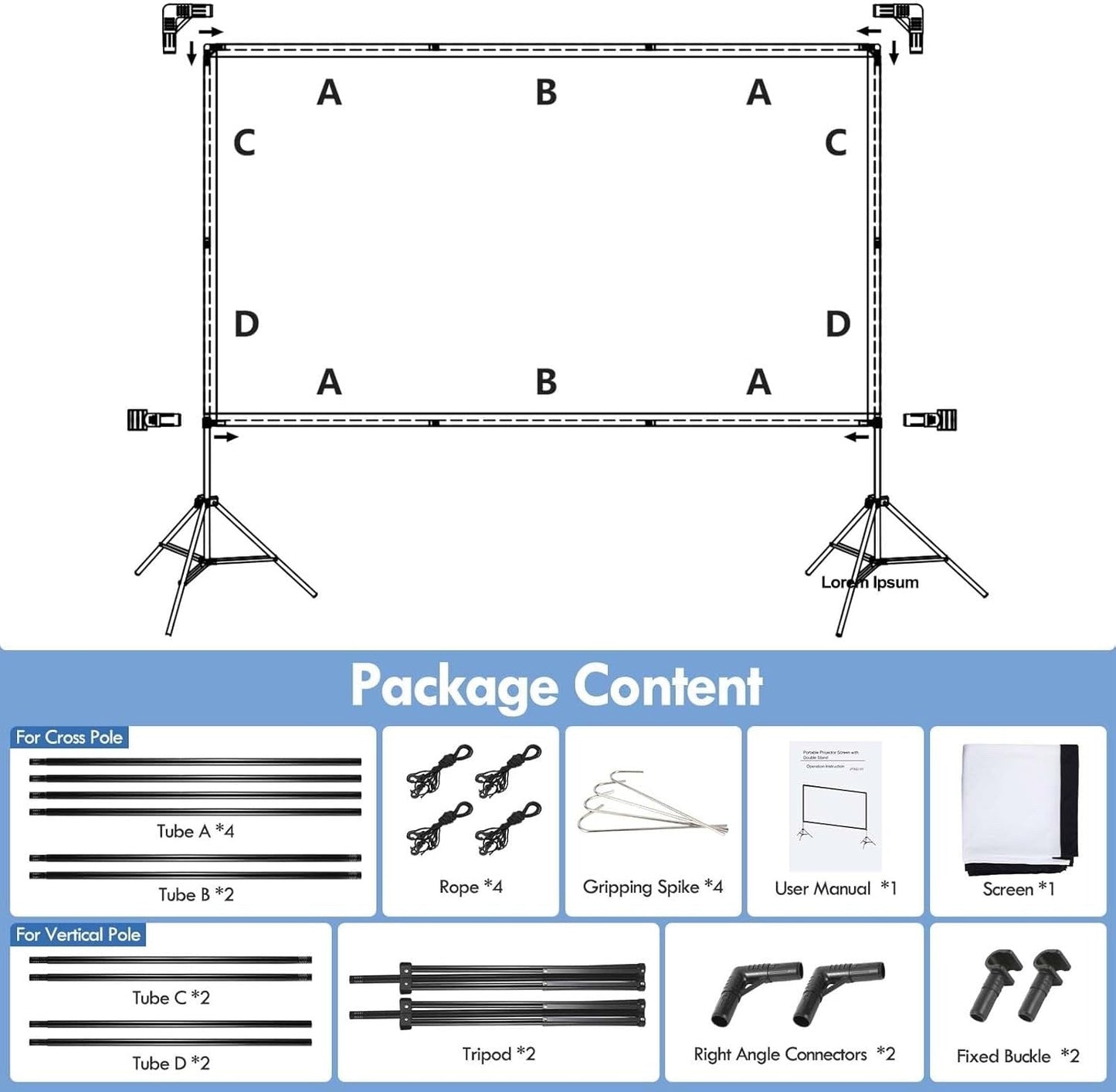120 Inch Projector Screen Portable Outdoor Indoor 4K 16:9 Dual Tripod Stand HD