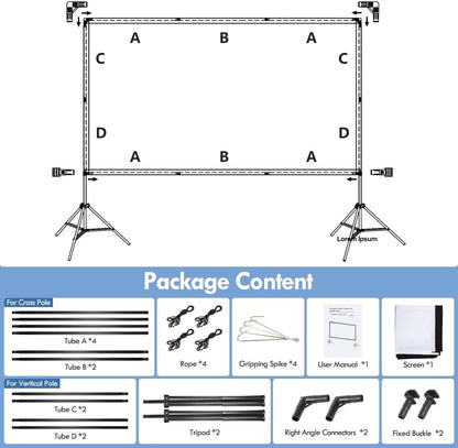 120 Inch Projector Screen Portable Outdoor Indoor 4K 16:9 Dual Tripod Stand HD