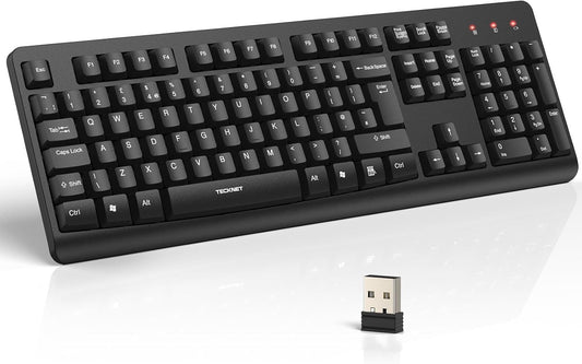Wireless Keyboard Full Size 2.4G USB Silent Ergonomic UK Layout PC Laptop Black TeckNet