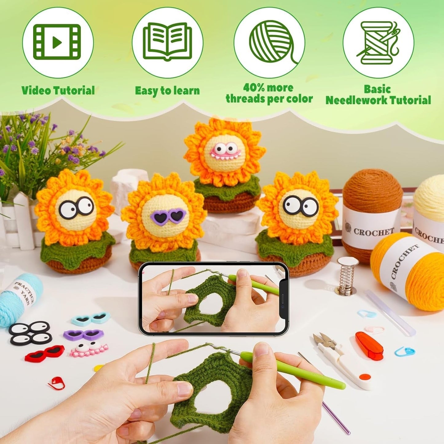 Crochet Kit Beginner Sunflower DIY Yarn Set Hooks Video Tutorial Craft Kit Wilshin