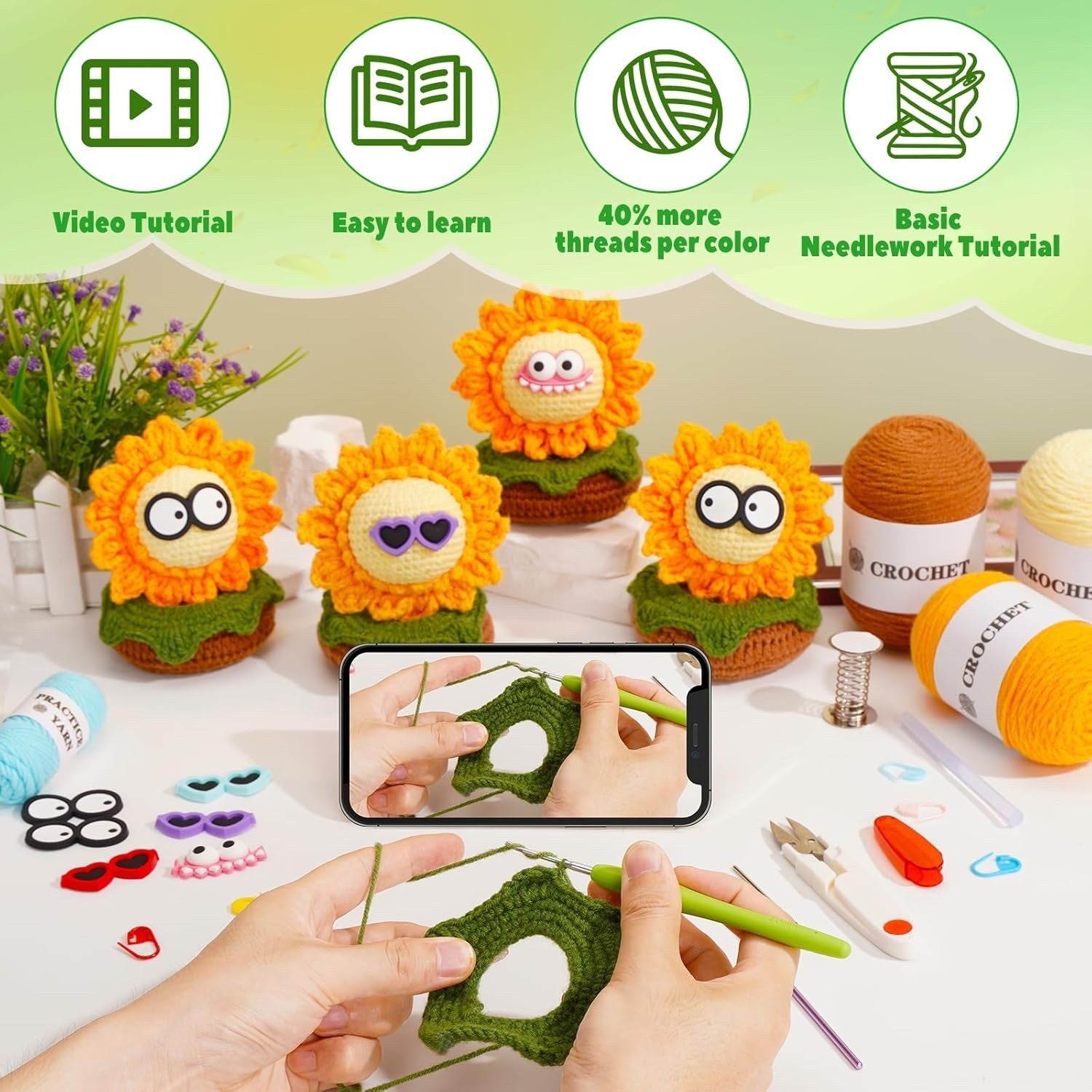 Crochet Kit Beginner Sunflower DIY Yarn Set Hooks Video Tutorial Craft Kit Wilshin