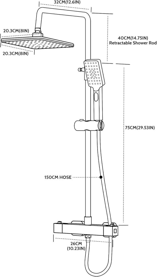 Thermostatic Shower System Rainfall Head 3 Function Handset Chrome Square Set Morado