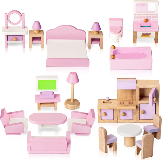 Dollhouse Furniture Set Wooden 22pcs 5 Room Miniature 1:12 Kids Toy Pink Lawcephun