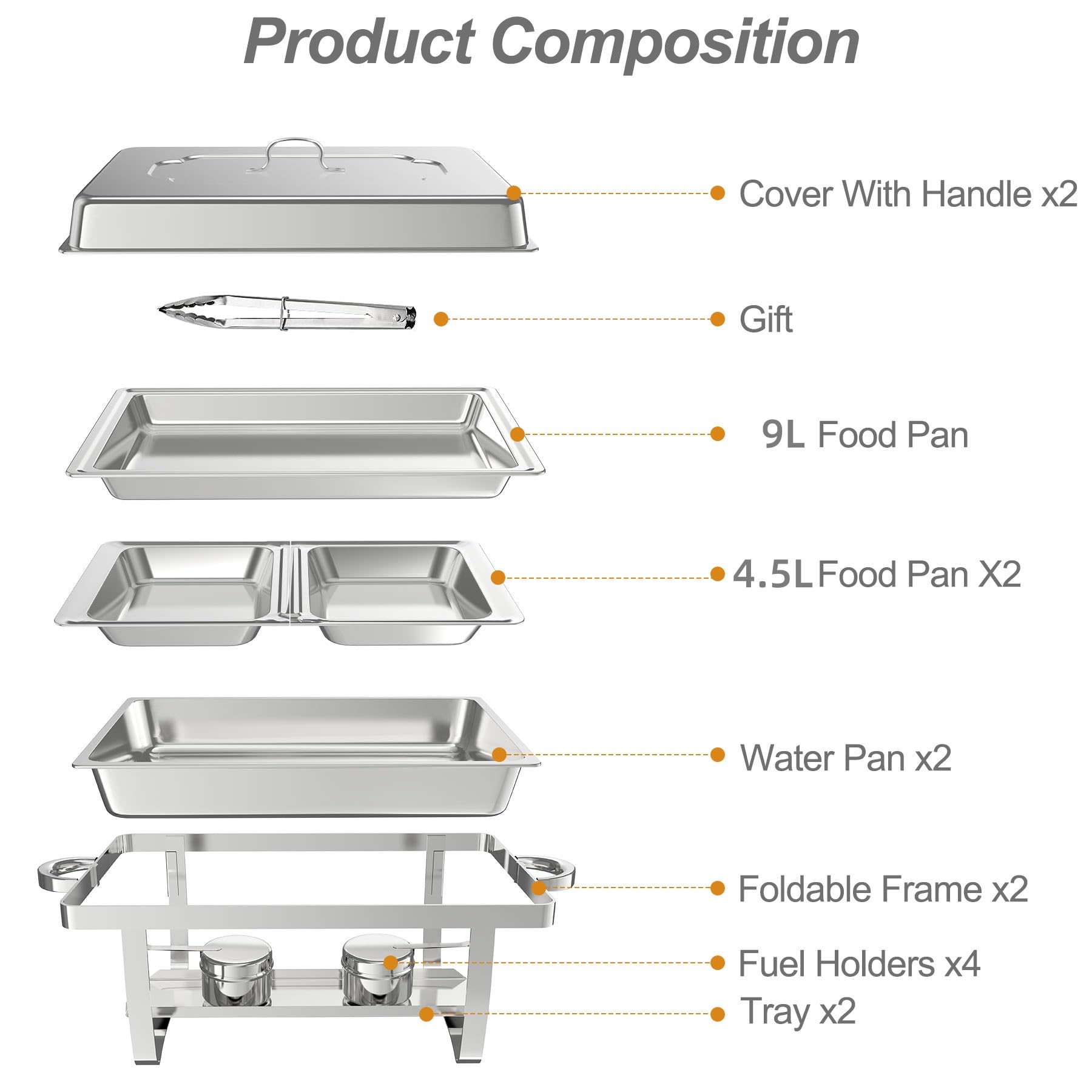 2x 9L Stainless Steel Chafing Dish Buffet Set Food Warmer for Catering & Parties