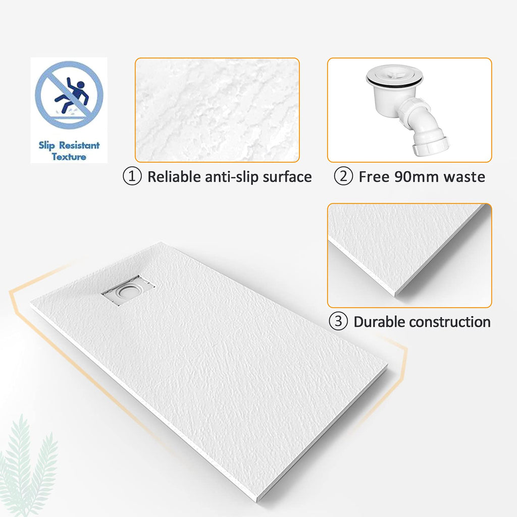 ELEGANT 1200x800mm White Slate Effect Lightweight Rectangular Shower Tray Waste