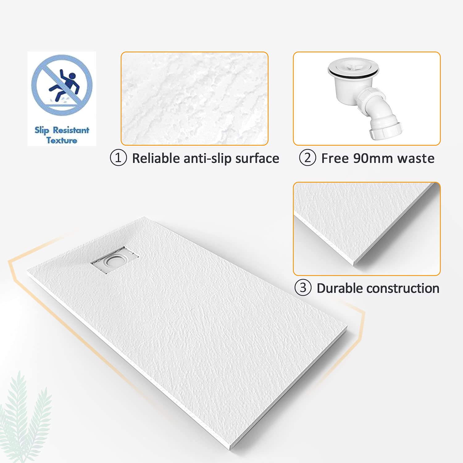 ELEGANT 1200x800mm White Slate Effect Lightweight Rectangular Shower Tray Waste