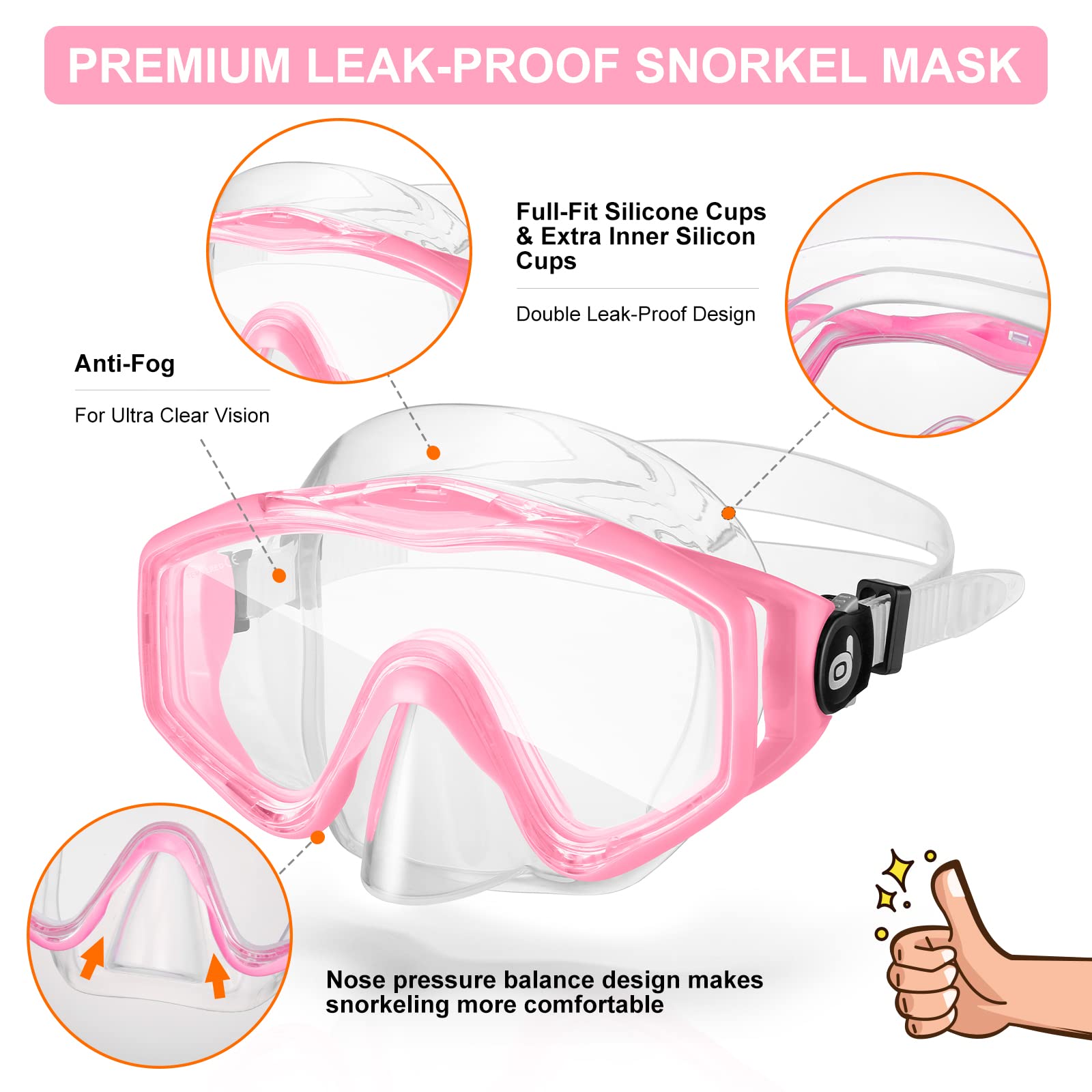 Odoland Snorkel Set Mask and Fins Dry Top Anti-Fog Anti-Leak Snorkeling Gear
