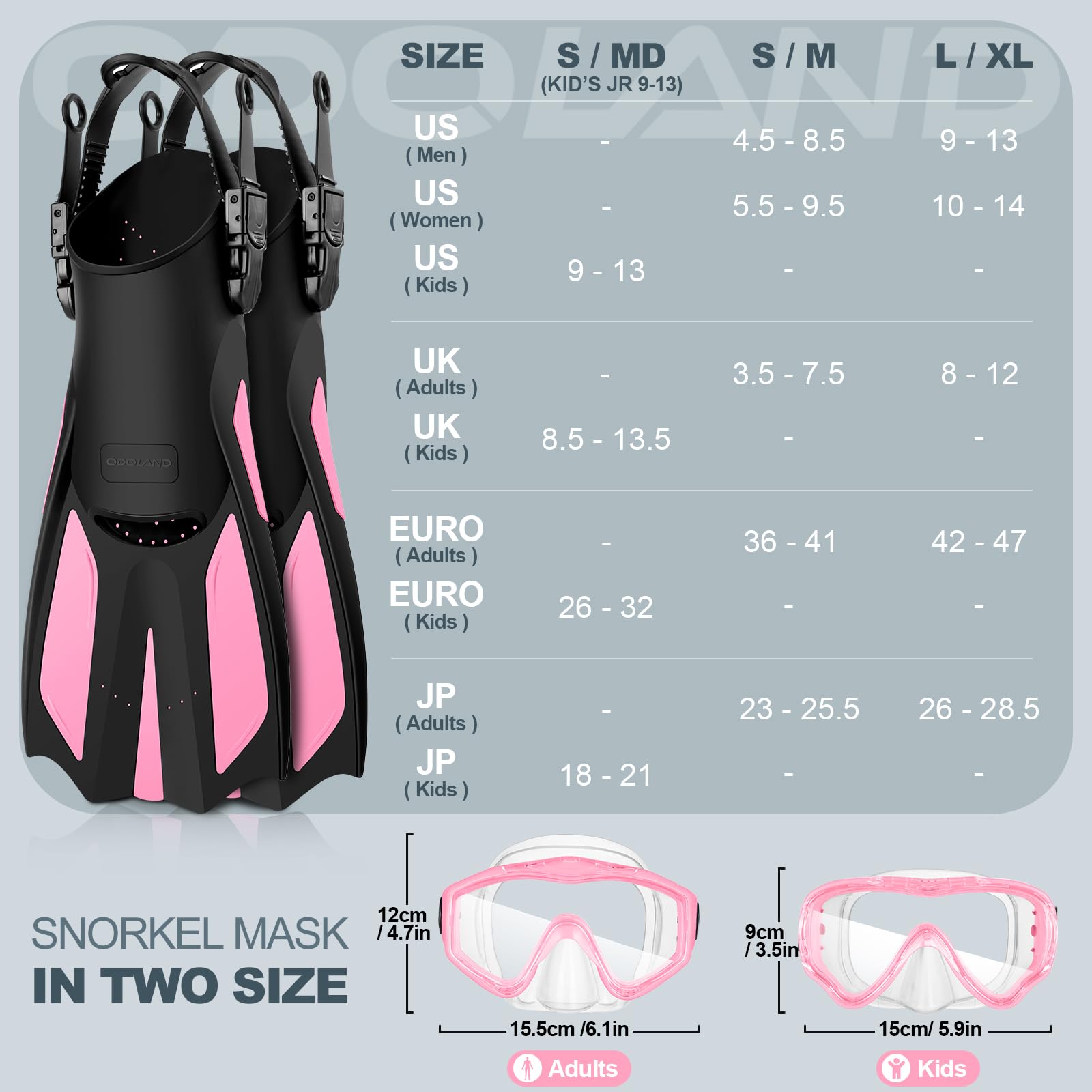 Odoland Snorkel Set Mask and Fins Dry Top Anti-Fog Anti-Leak Snorkeling Gear