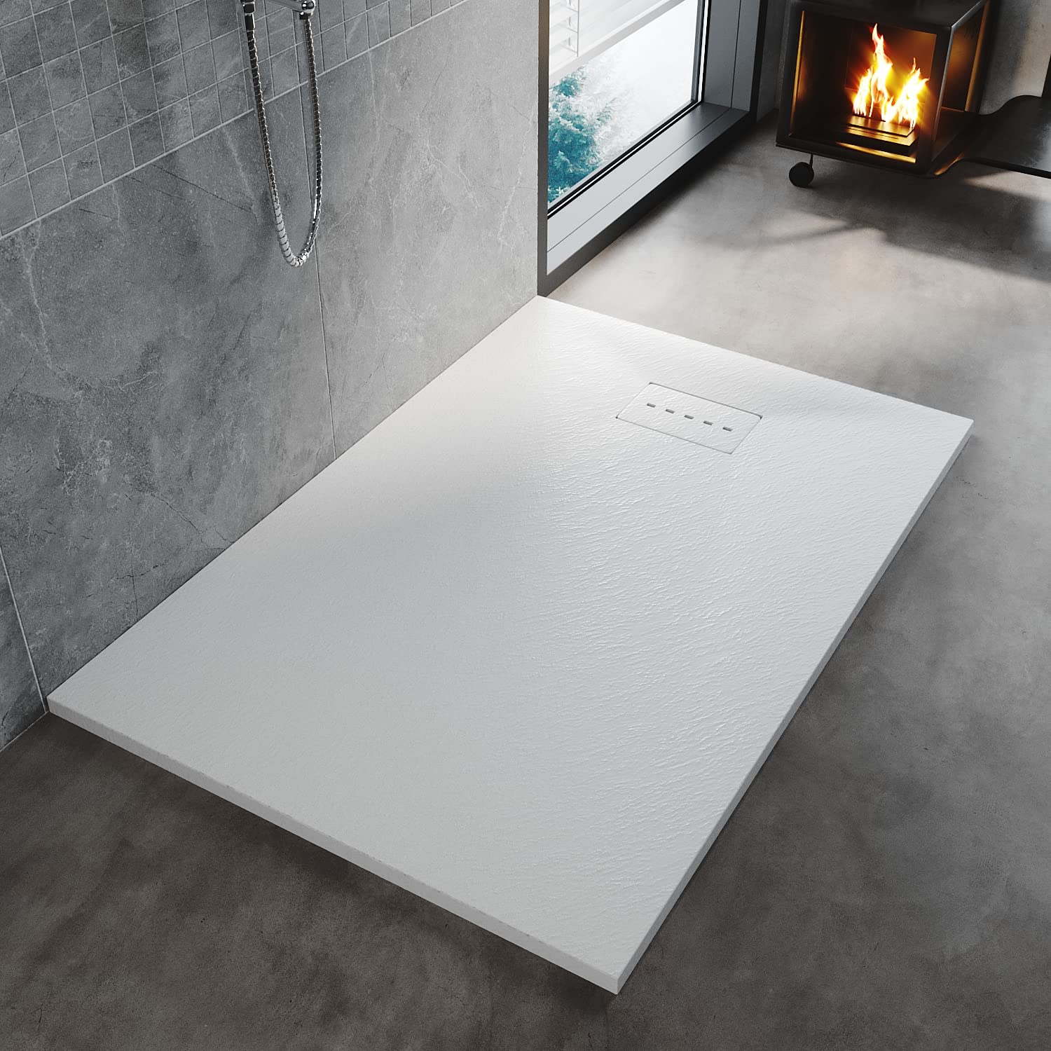 ELEGANT 1200x800mm White Slate Effect Lightweight Rectangular Shower Tray Waste
